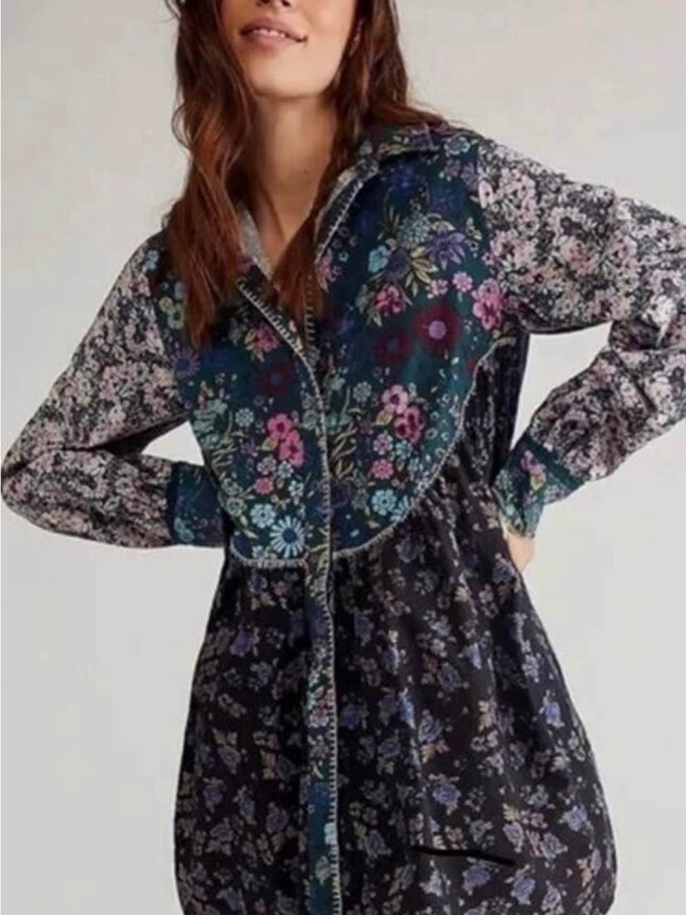 Free People My Time Shirt dress in Dark Combo multi floral patchwork small
